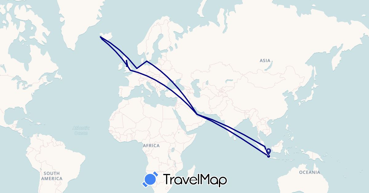 TravelMap itinerary: driving in Denmark, United Kingdom, Indonesia, Iceland, Netherlands, Qatar, Singapore (Asia, Europe)